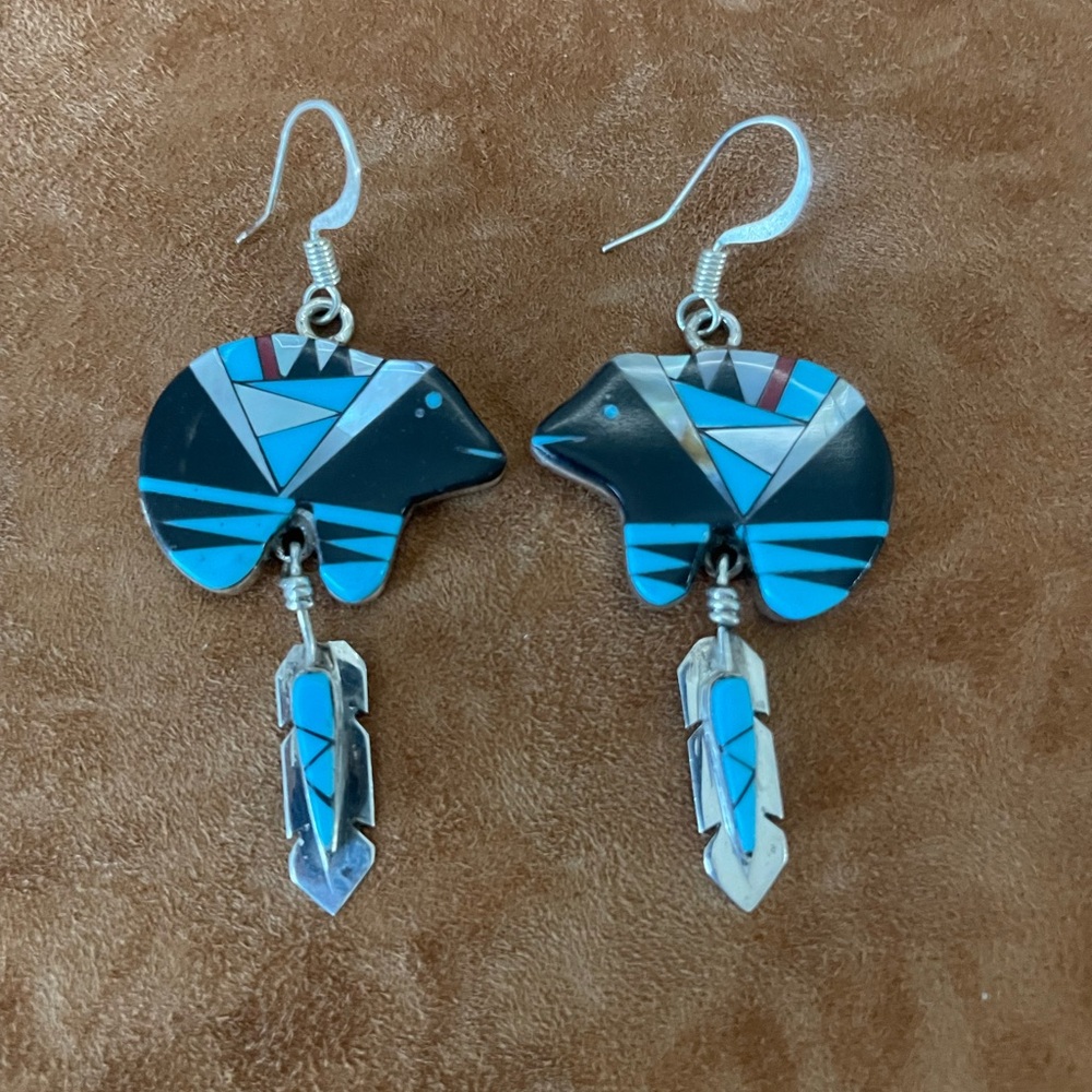 Native American Sterling Silver  Turquoise Medicine Bear Earrings w/ Feathers
